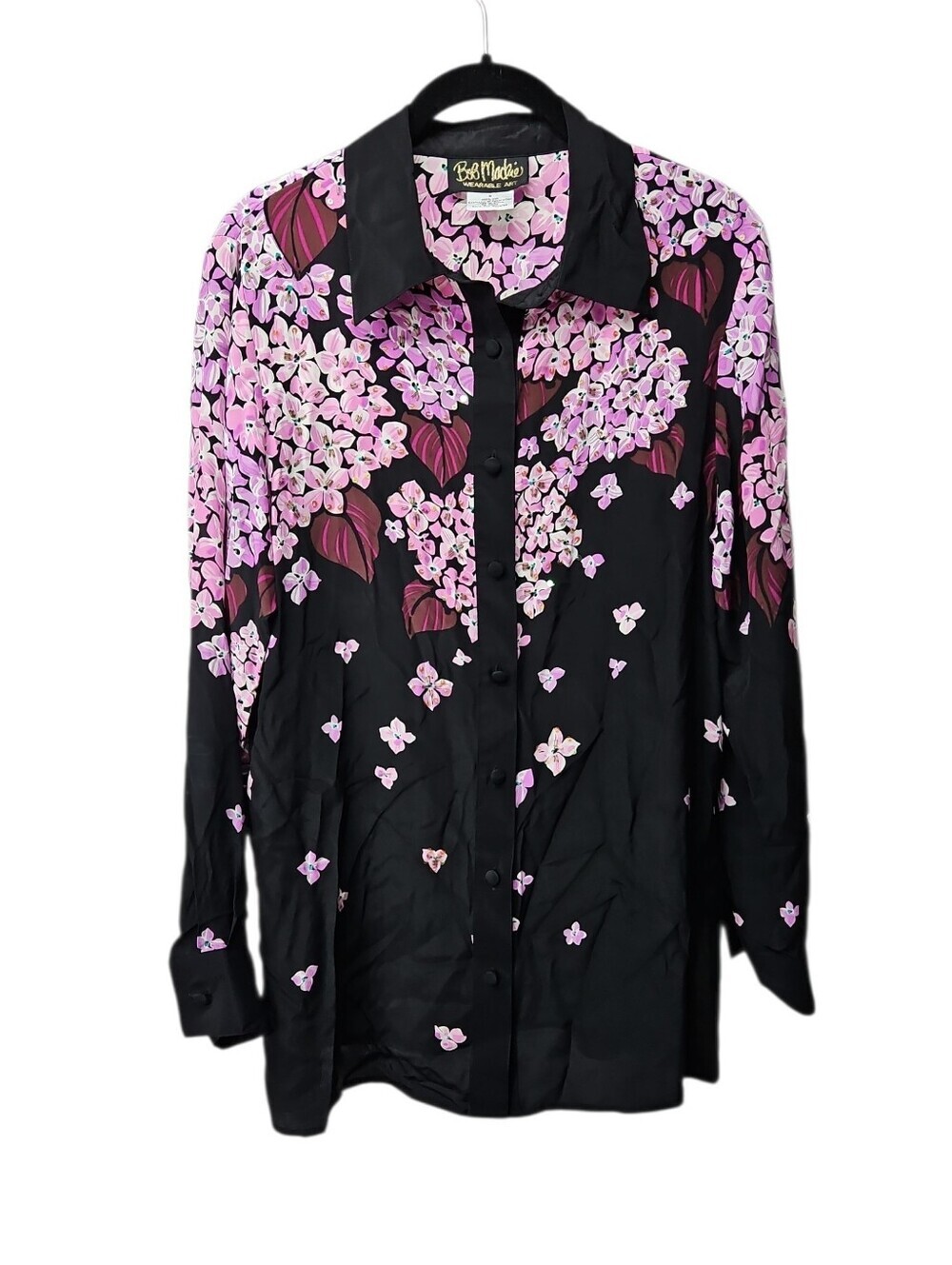 Bob Mackie 100% Silk Shirt Black Purple Floral Button Up Sz Small Womens